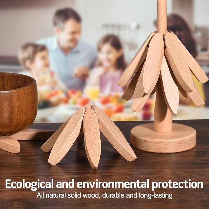 Wooden Cup Coaster Set，Tree Shape Trivet Set,Tree Coasters- 4 Wooden Trivets + 1 Stand stored for hot Dish/Pot/Bowl/teapot/hot Pot Set