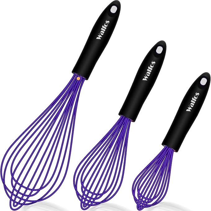 Walfos Silicone Whisk, Non Scatch Coated Whisk for Cooking & Baking- Set of 3-Heat Resistant Kitchen Whisks for Non-stick Cookware, Balloon Egg Wisk Perfect for Blending, Beating, Frothing （Blue）