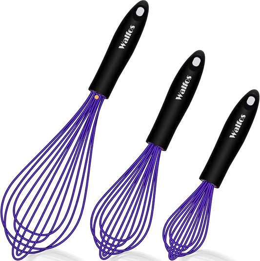 Walfos Silicone Whisk, Non Scatch Coated Whisk for Cooking & Baking- Set of 3-Heat Resistant Kitchen Whisks for Non-stick Cookware, Balloon Egg Wisk Perfect for Blending, Beating, Frothing （Blue）
