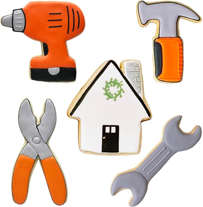 Ann Clark Father’s Day 5-Pc. Construction Tools Cookie Cutter Set, Made in USA, Cordless Drill, Hammer, Wrench, Pliers and House
