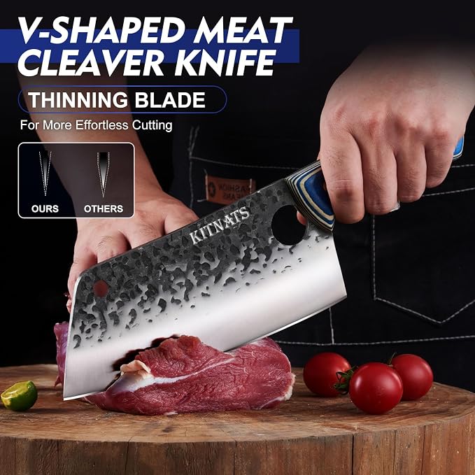 KITNATS 3PCS Butcher Knife Set, Hand Forged kitchen Knife Set-Heavy Duty Bone Chopper & Meat Cleaver & Viking Chef Knife Set for Home, Outdoor Cooking, Camping BBQ