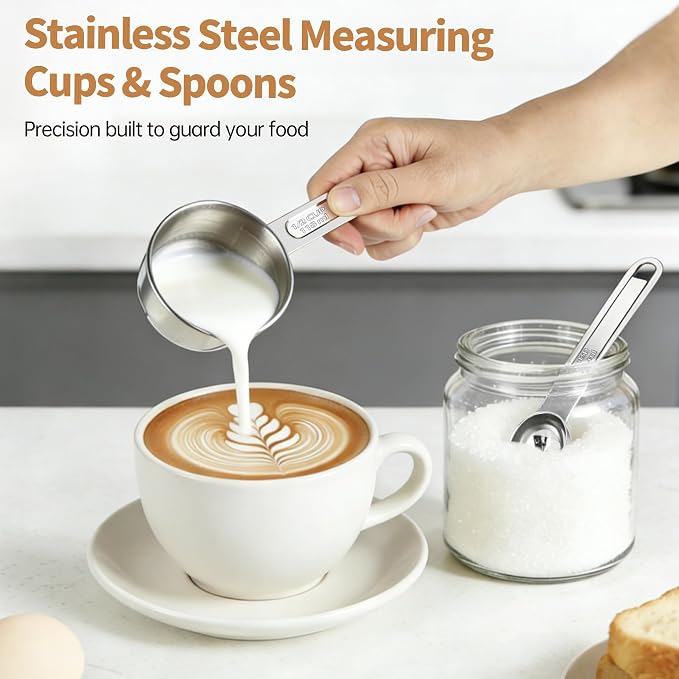 YC Kitchen Measuring Cups and Spoons Set, 8-Piece, Stainless Steel | Metal Handles, Stackable Design, for Dry and Liquid Ingredients - Dishwasher Safe for Cooking & Baking