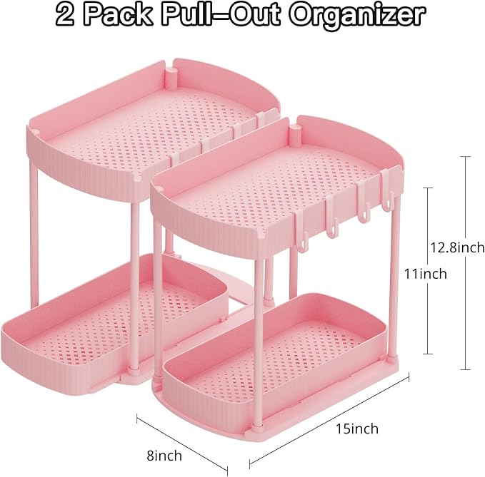 2 Packs Under Sink Pull-Out Storage Organizers, 12.8 Inches, Pink | Multi-Purpose Cabinet Organizers and Storage for Bathroom & Kitchen