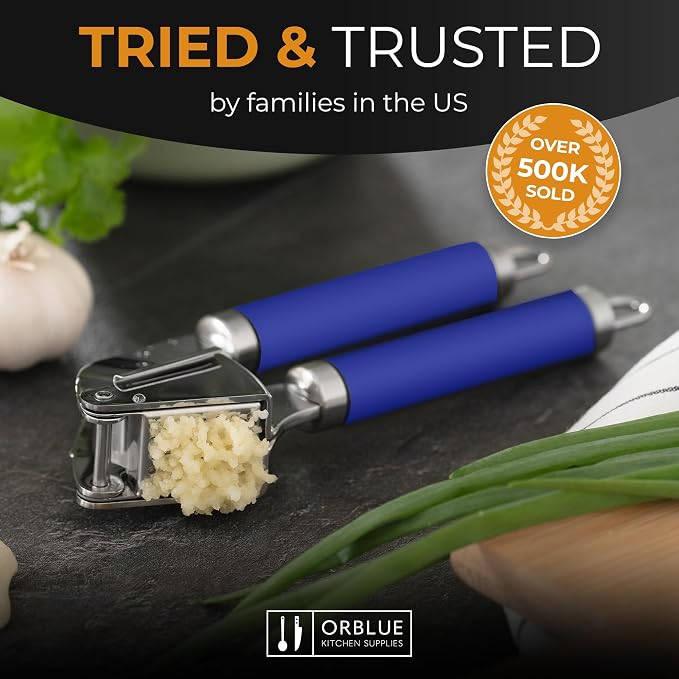 ORBLUE Garlic Press and Peeler Set, Stainless Steel - Professional Grade Mincer, Crusher - Dishwasher Safe & Rust-proof, Blue
