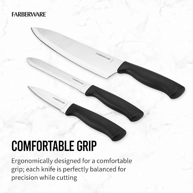 Farberware 3-Piece Chef Knife Set - High-Carbon Stainless Steel Kitchen Knives with Ergonomic Handle, Includes 8 In Chef, 5.5 In Utility and 3.5 In Paring Knife for Everyday Food Prep