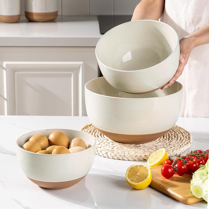 AmorArc Ceramic Mixing Bowls,Stoneware Nesting Bowls Set of 3 for Kitchen | Serving Bowls with Rustic Terracotta Underside for Mixing,Cooking,Baking,Salad,Microwave&Dishwasher Safe 4.6/2.8/1.3 Qt-Beige