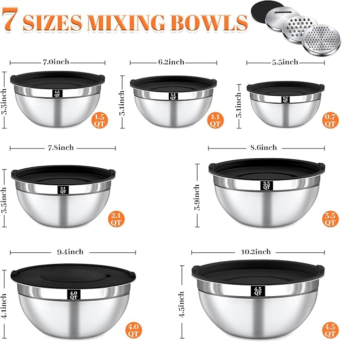 21PCS Mixing Bowls with Lids Set - 7 Nesting Mixing Bowls, 3 Graters, 11 Baking Tools, Lids, Stainless Steel Mixing Bowls for Mixing & Baking, Size 0.7/1.1/1.5/2.1/3.5/4/4.5 QT, Black