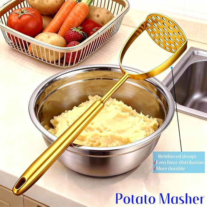 Potato Masher Stainless Steel, 14 Inch Potato Smasher - Kitchen Essential for Mashed Potatoes, Pumpkin, Carrots, Avocado & Fruits, Heavy Duty Metal Mashing Utensil (Gold)
