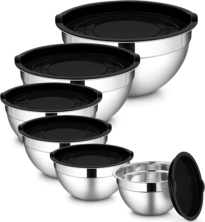 LIANYU Mixing Bowls with Lid Set of 6, Large Size 7, 3.5, 2.5, 2, 1.5, 1QT | Stainless Steel Kitchen Nesting Metal Bowl Sets, Ideal for Baking Cooking Serving Food Storage, Dishwasher Safe, Black