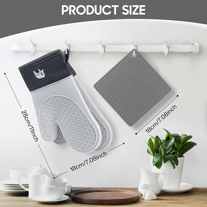 Oven Mitts and Pot Holders Sets for Kitchen, 2 Pack Extra Long Heat Resistant Silicone Oven Mitt Heat Resistant 500°F with Soft Cotton Lining for BBQ, Baking and Cooking
