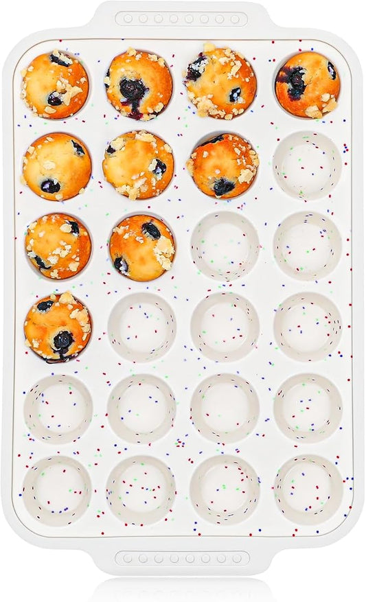 Vinino Silicone Mini Muffin Pan for Baking with Reinforced Frame, BPA Free | 24 Cup Mini Cupcake Pan with Non-Slip Handle, Nonstick Food Grade Silicone Muffin Tray for Oven, Dishwasher Safe, Cream
