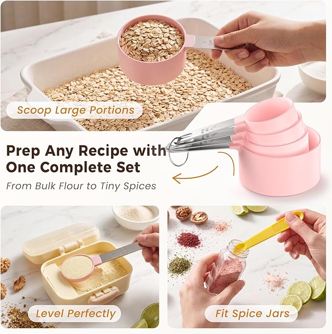 THLHKD 15 Pcs Measuring Cups and Spoons Set, Measuring Spoons Set with Stainless Steel Handles, Measure Spoon and Cup for Liquid & Dry Ingredients, Cute Pink & Colorful