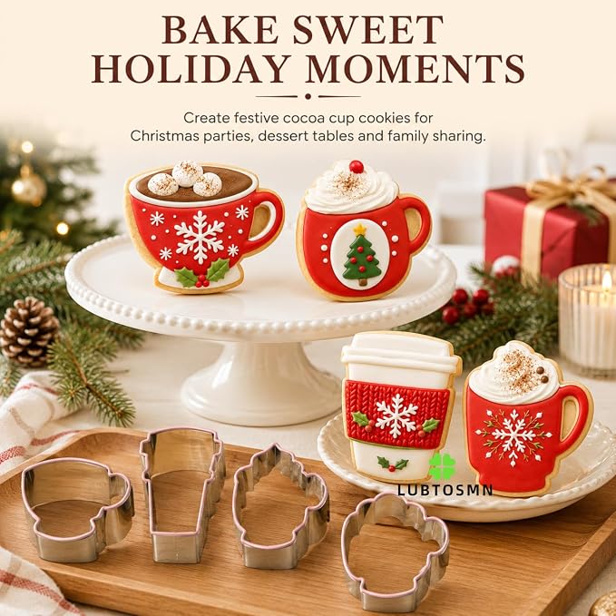 LUBTOSMN 4 Piece Large Coffee Cup Cookie Cutters Set, Silicone Rim Set | Dishwasher-safe stainless steel cutters for cookies, fondant, sandwiches, coffee bar parties and home baking treats.