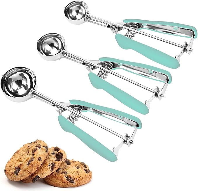 Cookie Scoop Set, 3Pcs Ice Cream Scoop, Cookie Scoops for Baking Set of 3, 18/8 Stainless Steel Cookie Scooper for Baking, Ice Cream Scooper with Trigger Release, Mint Soft Grip Cookie Dough Scoop