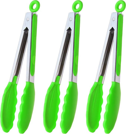 HINMAY Silicone Tongs 9" Stainless Steel Kitchen Tongs, Set of 3 (Green)