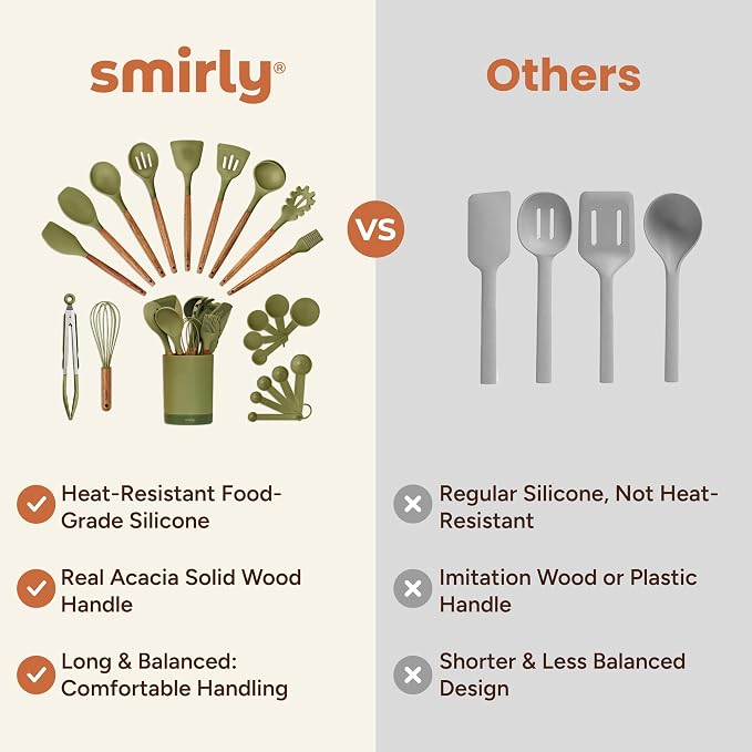 Silicone Kitchen Utensils Set & Holder: Cooking Utensils Set - Kitchen Essentials for New Home & 1st Apartment- Silicone Spatula Set, Cooking Spoons for Nonstick Cookware (Acacia Wood, Green)
