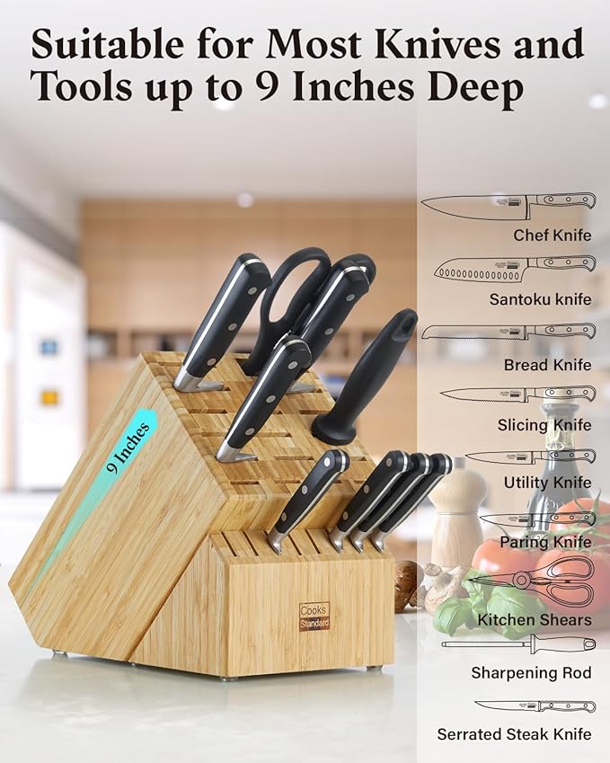 Cooks Standard Classic Bamboo Cutlery Block Holder without Knives, X-Large Universal Countertop Butcher Block Kitchen Knife Stand for Easy Kitchen Storage, Made of Natural Bamboo, 25 Slot