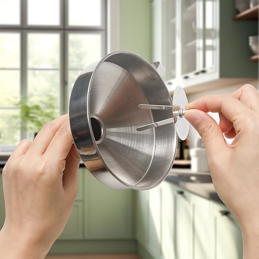 4.3-Inch Silver Stainless Steel Funnel with Strainer, Metal Funnel with Cleaning Brush, Filtering Funnel for Filling Bottles Transferring Liquid Oil Juice Milk Kitchen Use