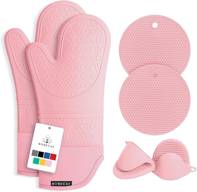 Rorecay 6pcs Oven Mitts and Pot Holders Sets for Kitchen, Extra Long Non-Slip Silicone Oven Gloves Heat Resistant 500 Degrees Potholders Hot Pads for Baking Cooking, Quilted Liner, Pink