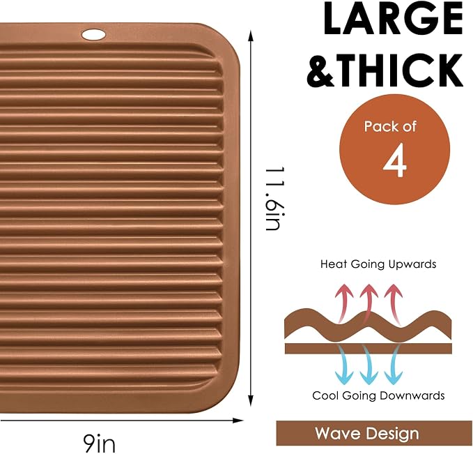 4 Pack Silicone Trivets for Hot Dishes Large 446°F Heat Resistant Pot Holder Hot Pads for Kitchen 9'' x 12' Brown Silicone Trivet Mat for Hot Pots and Pans, Jar Opener, Drying Mat