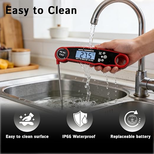 Digital Instant Read Meat Thermometer, Waterproof Red | 3-4 sec instant read cooking thermometer with ±2°F accuracy, ideal for grilling, BBQ, smoker, oven, baking & air frying
