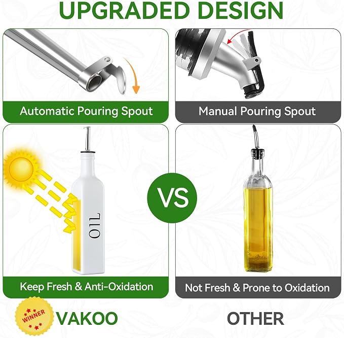 Vakoo Oil and Vinegar Dispenser Set - 17oz/500ml, Extra Thick Glass, Leak-Proof, Olive Oil Dispenser Bottle for Kitchen (White Blue)