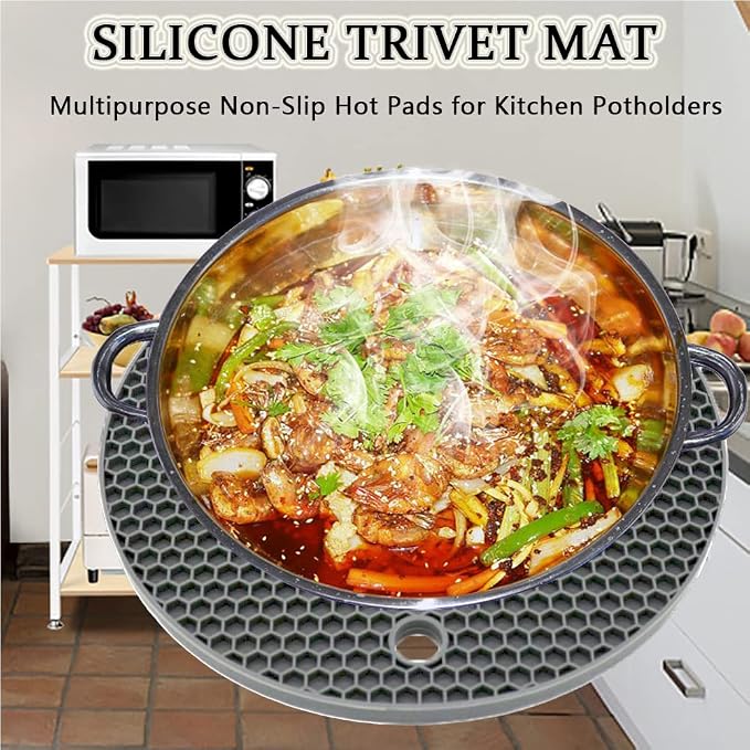 Silicone Trivet Pot Mat, Silicone Pot Holders for Hot Pan and Pot Pads. Heat Resistant Counter Mats for Tables Placemats,Countertops, Spoon Rest and Large Coasters,4 Pack Gray(2 Squared + 2 Round)