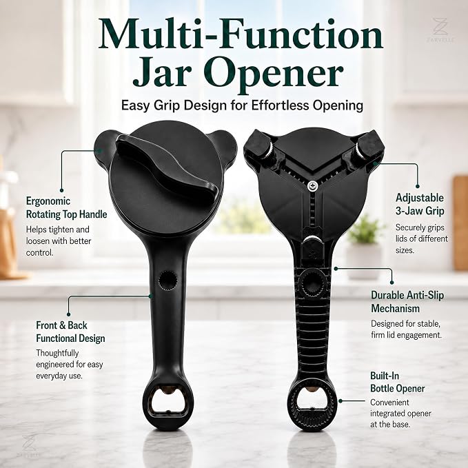 Jar Opener for Seniors with Arthritis & Weak Hands, 4-in-1 Adjustable Lid & Bottle Opener Set with Non-Slip Silicone Grip Pad & Stainless Steel Hook, Easy Twist Kitchen Gadget for Elderly (Black)
