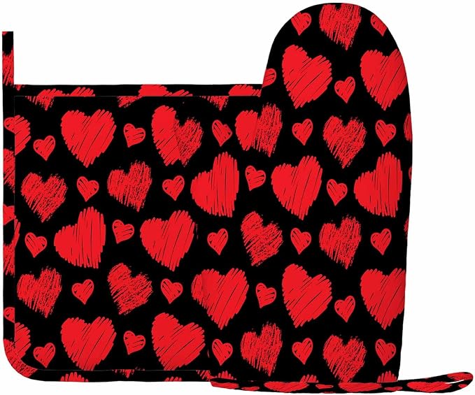 Mxocom Red Hearts Heat-Resistant Oven Mitts and Pot Holder Line Hearts on Black Background Kitchen Non-Slip Cooking Microwave Gloves for Cooking Baking Grilling
