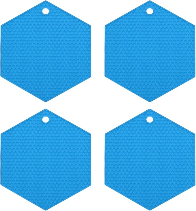 uxcell 4pcs Silicone Trivet Mats Heat Resistant Silicone Pot Holders for Hot Pots and Pans, Non-Slip Hot Pads for Kitchen Hot Dishes Table Countertops, Blue(Hexagonal)