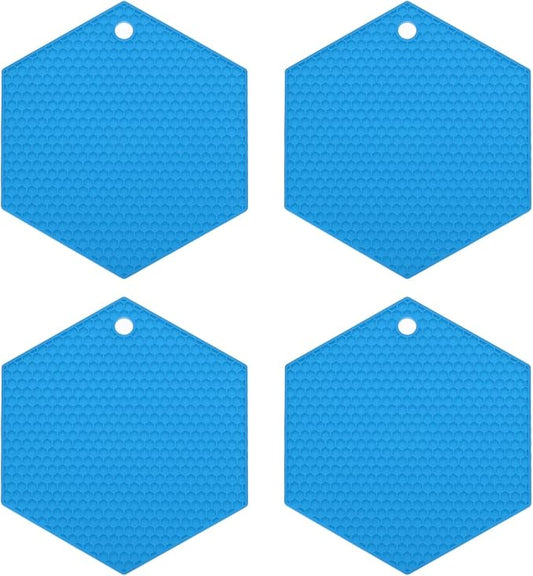 uxcell 4pcs Silicone Trivet Mats Heat Resistant Silicone Pot Holders for Hot Pots and Pans, Non-Slip Hot Pads for Kitchen Hot Dishes Table Countertops, Blue(Hexagonal)