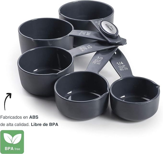 LACOR 67036 – Set of 5 Measuring Cups, Pastries, BPA Free Plastic, Stackable, ml and Cups, Side Pourer, Dishwasher Safe, Dark Grey