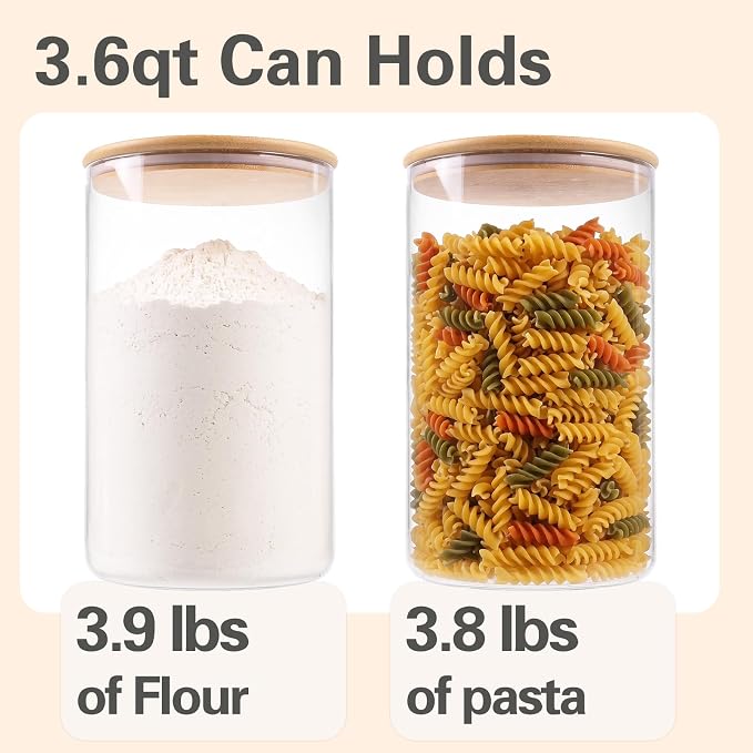 2pcs Glass Food Storage Containers with Bamboo Lids, 3.6qt Glass Jars | Extra Large Airtight Pantry Storage Jars for Flour, Sugar, Bulk Dry Goods