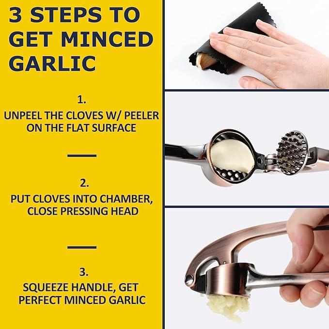 Premium Garlic Press Stainless Steel - Elevate Your Culinary Experience with Our Premium Garlic Mincer, Crusher & Peeler Set, Dishwasher Safe & Rust-proof (Bronze)