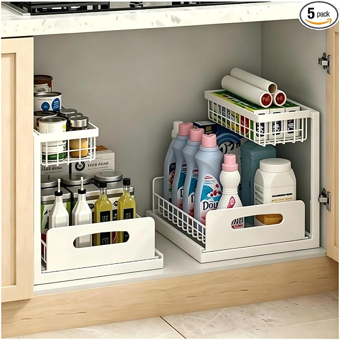 2 Pack Upgraded Under Sink Organizer, 2 Tier Pull out Kitchen Cabinet Organizer Metal Slide out Bathroom Organizers and Storage Makeup Drawer Organizer for Office Bedroom Restroom Living Room, L-White