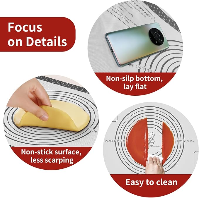 Silicone Baking Mat with Measurement, Non Stick Siliocne Pastrty Mat for Dough Rolling, Making Cookies, Macarons, Bread, Cake and Candy
