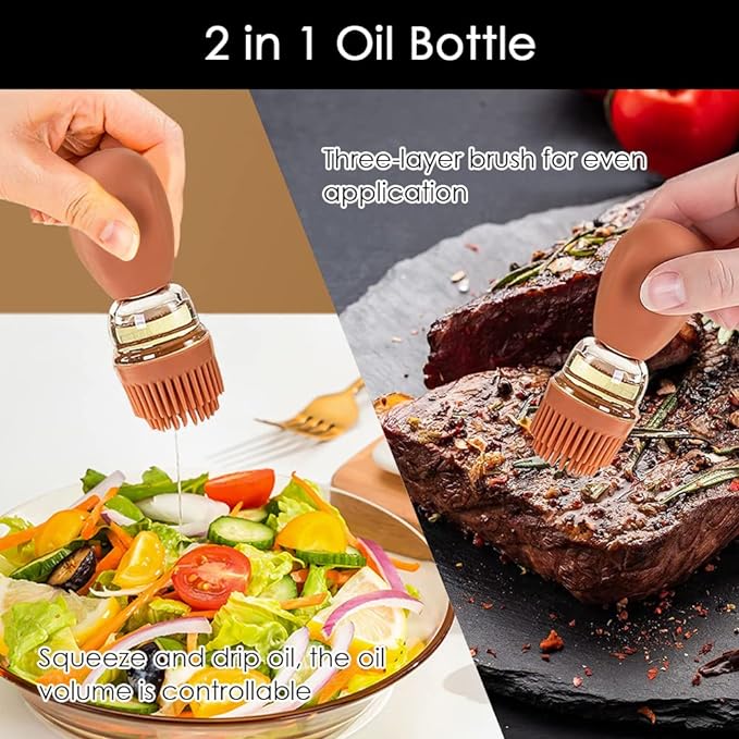 Oil Dispenser with Brush - Glass Olive Oil Dispenser for Kitchen, 2 IN 1 Oil Dispenser Bottle with Silicone Basting Brush for Cooking Vinegar Sauce BBQ Grill Frying, T-OB21, Grey