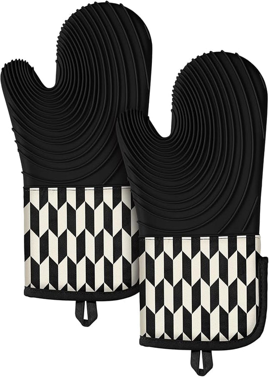 Slohif Long Silicone Oven Mitts Heat Resistant for Women - 2 Pcs Black-White Geometric 100% Cotton Oven Gloves, Non-Slip and Waterproof Silicone Oven Mitts with Hanger for Baking and Cooking