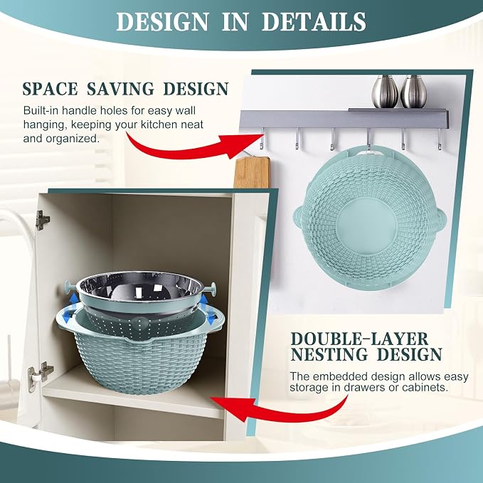 4-1 Colander with Bowl Set - Strainers for Kitchen(Patented), Food Strainers and Colanders, Pasta Strainer with New Upgraded Graters for Fruit, Veggie Washing, Aesthetic Cooking Present - Blue