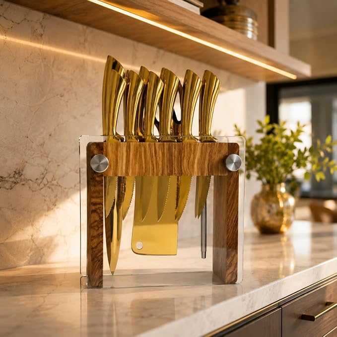 La Onirique 13-Piece Gold Kitchen Knife Set with Olive Wood Knife Block with Glass Panels, 5Cr15 Stainless Steel Chef Knife Set, Steak Knives, Cleaver, Bread Knife, Kitchen Scissors