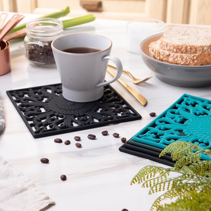 Silicone Trivets for Hot Dishes-Pots&Pans, Square Multi-Use Carved Trivet Mat, Insulated Silicone Mats, Flexible Trivet Mat for Countertop&Tabletop, Pot Holders Hot Pads Set 3 Purple