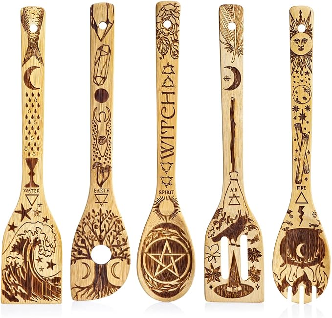 Kitchen Witch Utensils Set Laser Engraved 5 Elements Bamboo Large Cooking Utensils Set Cottagecore Kitchen Witch Gift Romantic Mothers Day Gifts