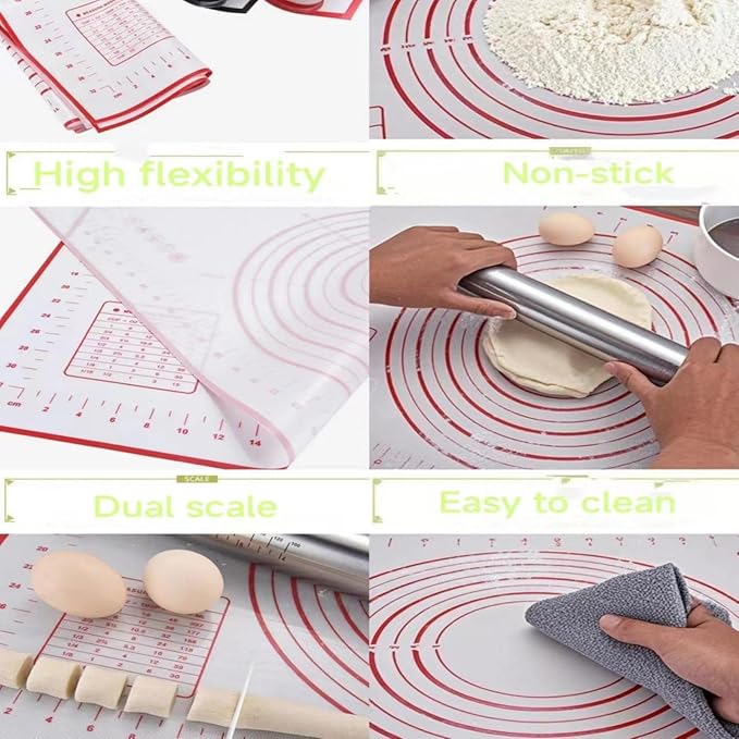 Adjustable Thickness Rings Rolling Pin & Silicone Baking Pastry Mat Set-Red | Stainless Steel Dough Roller,Baking Supplies for Cake Pop Cookie Fondant Pizza Cake Pasta