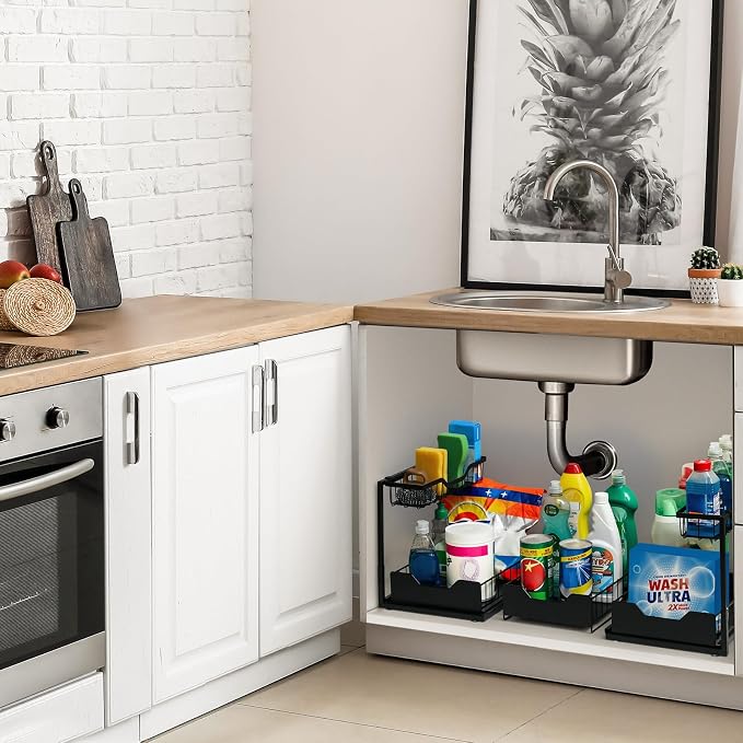 3 Pack, Under Sink Organizer 2-Tier with Slide Out Lower Drawer - Metal Pull Out Cabinet Organizer for Kitchen Bathroom, Includes Removable Center Basket & Storage Shelves, Space Saving Design