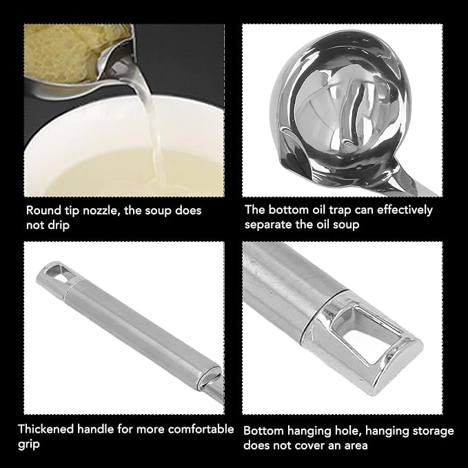 Stainless Steel Oil Separator Soup Ladle, 12 Inch Gravy Food Fat Separator Skimmer Spoon Grease Strainer Separater Hot Pot Oil Filter Spoon for Kitchen Cooking, Soup Colander