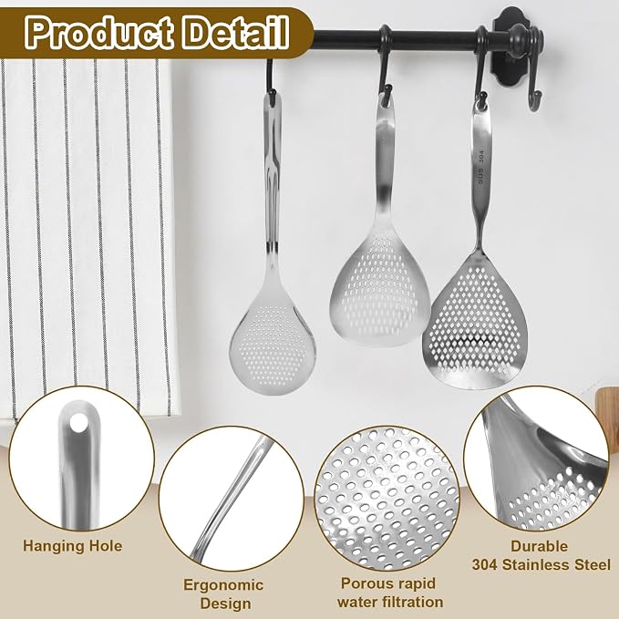 Jiozermi 2 Pcs Stainless Steel Skimmer Slotted Spoon, Pasta Spider Strainer Ladle, Durable 304 Stainless Steel Frying Strainer Spoon for Frying, Cooking, Noodles, Pasta, and Vegetables
