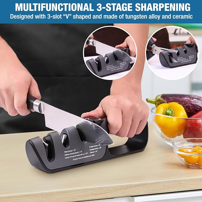 Adjustable Angle Pocket & Kitchen Knife Sharpener – 3-Stage Manual Sharpener for Steel, Ceramic & EDC Knives with Scissors Slot, Non-Slip Base & Ergonomic Handle
