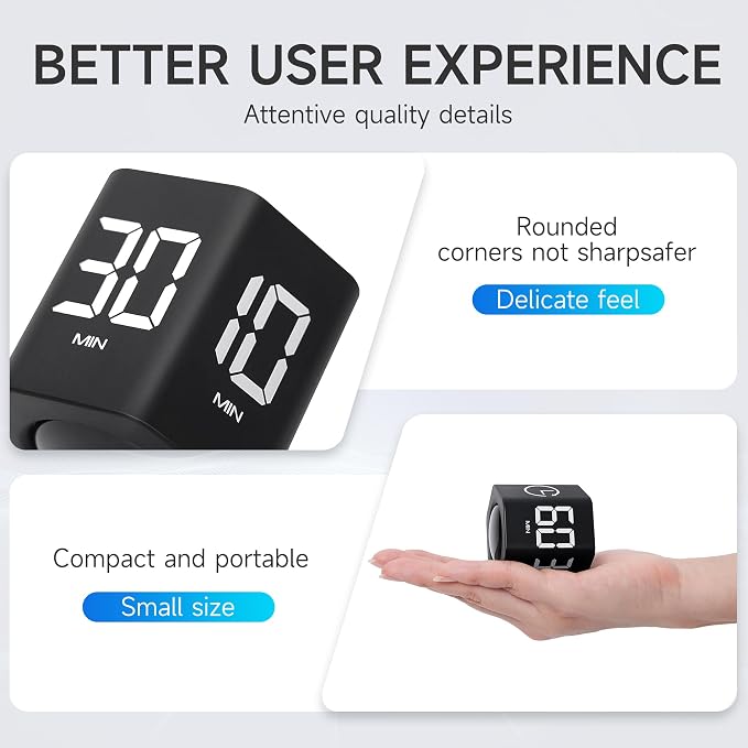 Productivity Timer 1, 5, 10, 30, 60 Minutes Preset, Desk Cube Timer with Gravity Sensor/Mute/Vibration for ADHD, Work, Study, Kitchen, Back to School (Black)