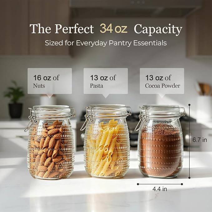 ComSaf Glass Pantry Jars with Airtight Lids 34 oz 6 Pack Wide Mouth Hobnail | Coffee beans sugar, Snacks pasta, Pickling fermenting, Pantry organization, Clear body, Countertop storage, Dry goods