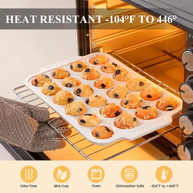 Vinino 12 Cup and 24 Cup Silicone Muffin Pans with Reinforced Frame, Cream | Silicone Muffin Pans Set for Baking with Non-Slip Handle, Nonstick Muffin Tray for Oven, BPA Free, Dishwasher Safe-Cream